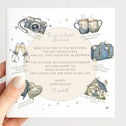 Personalised Husband Anniversary Card, Little Routines Poem, Custom Name Romantic Anniversary Card