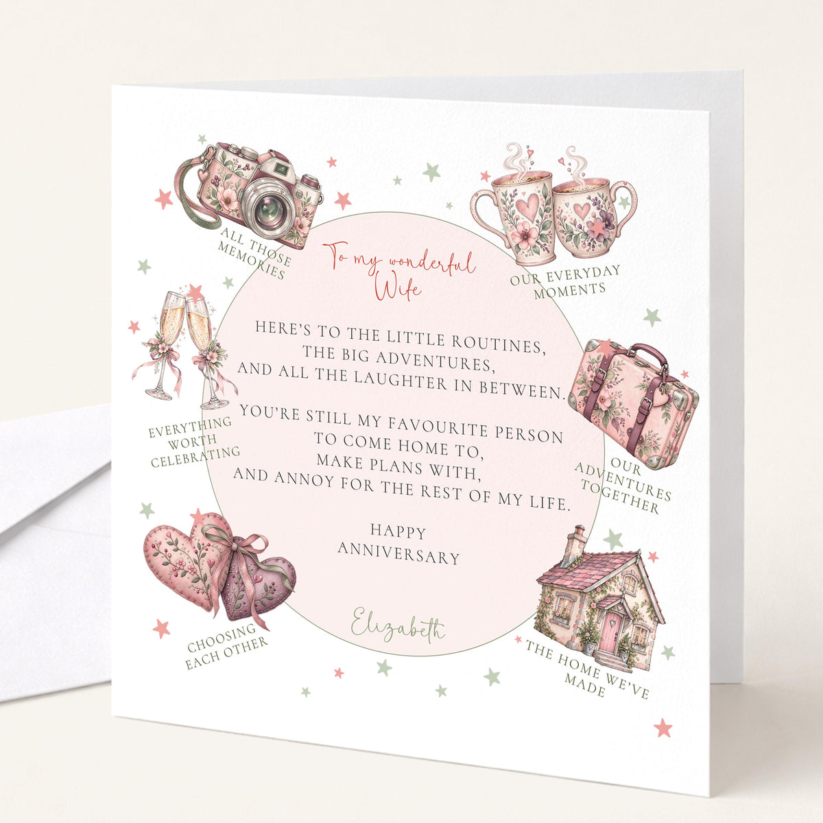 Personalised Wife Anniversary Card, Little Routines Poem, Custom Name Romantic Anniversary Card