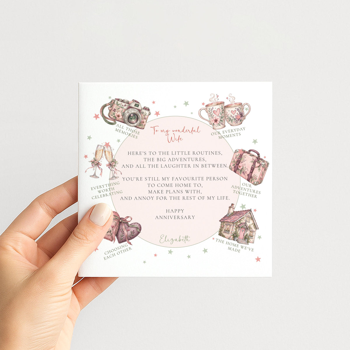 Personalised Wife Anniversary Card, Little Routines Poem, Custom Name Romantic Anniversary Card