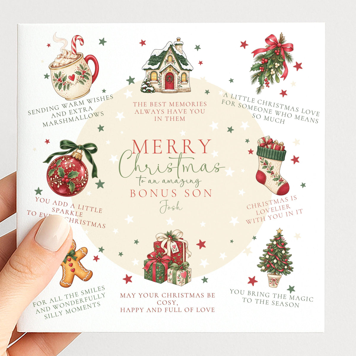 Personalised Bonus Son Christmas Card, Christmas Poem Card With Cosy Illustrations, Step Son Custom Name Card
