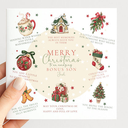 Personalised Bonus Son Christmas Card, Christmas Poem Card With Cosy Illustrations, Step Son Custom Name Card
