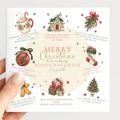 Personalized Bonus Daughter Christmas Card, Christmas Poem Card With Cosy Illustrations, Step Daughter Custom Name Card