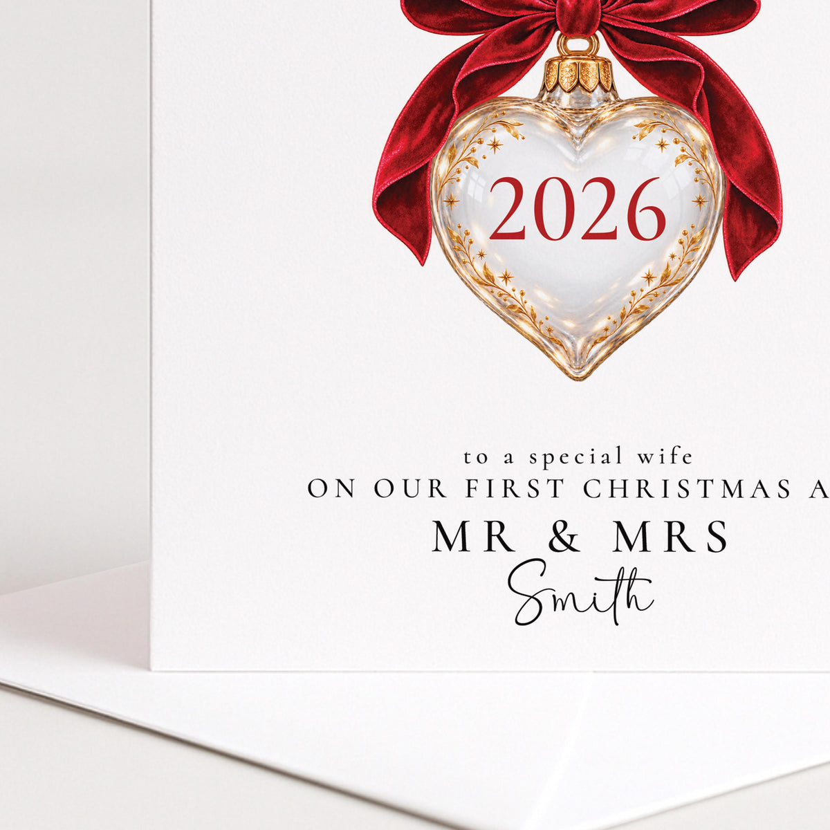 Personalised Wife First Christmas Card 2026, First Christmas As Mr & Mrs, Heart Bauble, Custom Surname WhimsiLilley
