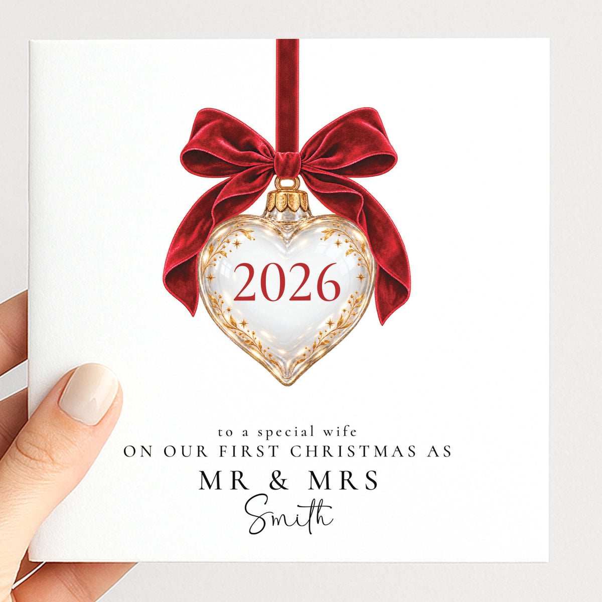 Personalised Wife First Christmas Card 2026, First Christmas As Mr & Mrs, Heart Bauble, Custom Surname WhimsiLilley