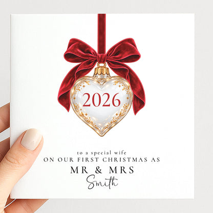 Personalised Wife First Christmas Card 2026, First Christmas As Mr & Mrs, Heart Bauble, Custom Surname WhimsiLilley