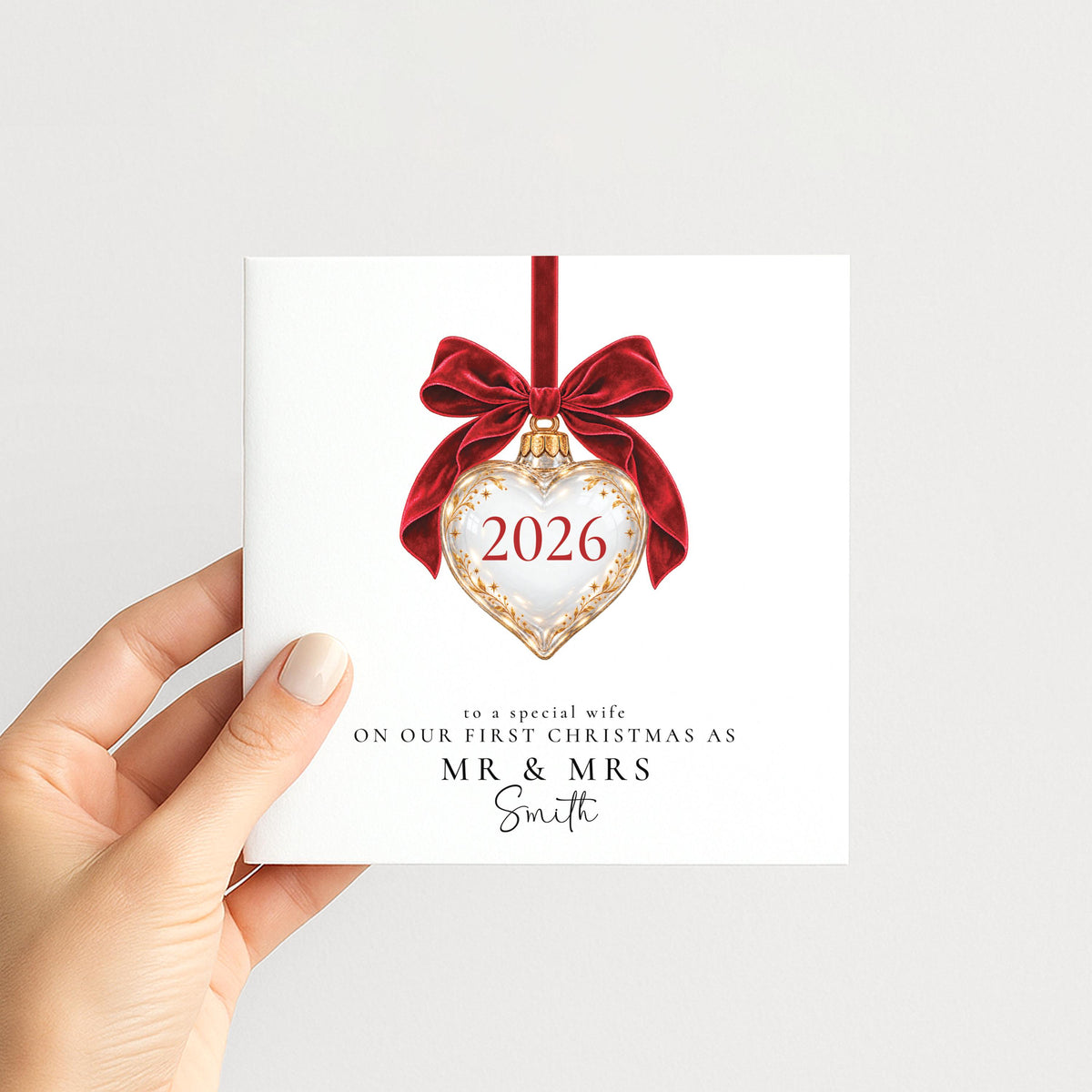 Personalised Wife First Christmas Card 2026, First Christmas As Mr & Mrs, Heart Bauble, Custom Surname WhimsiLilley