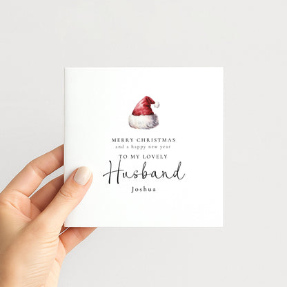 Personalised Husband Christmas Card, Santa Hat Christmas Card, Simple Elegant Custom Name Card