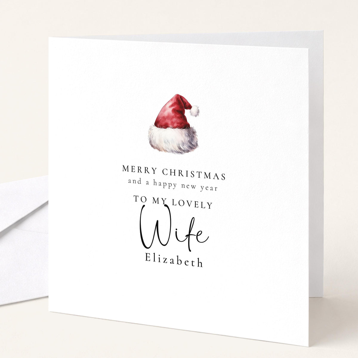 Personalised Wife Christmas Card, Santa Hat Christmas Card, Simple Elegant Custom Name Card