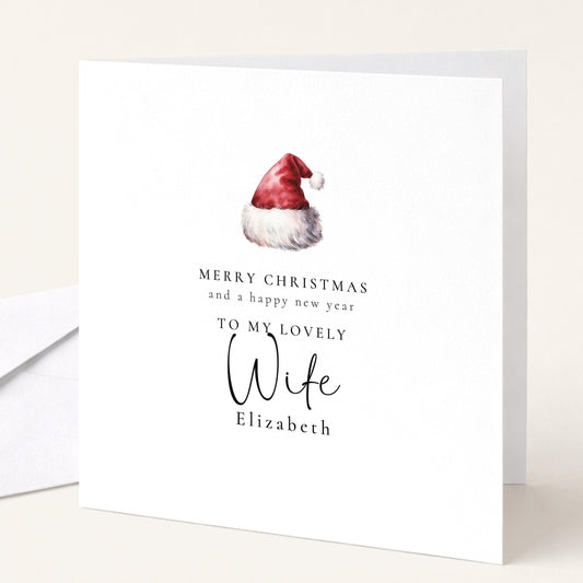 Personalised Wife Christmas Card, Santa Hat Christmas Card, Simple Elegant Custom Name Card
