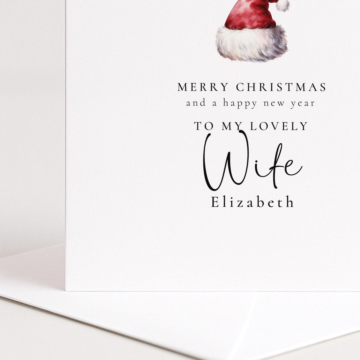 Personalised Wife Christmas Card, Santa Hat Christmas Card, Simple Elegant Custom Name Card