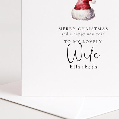 Personalised Wife Christmas Card, Santa Hat Christmas Card, Simple Elegant Custom Name Card