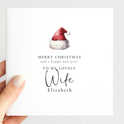 Personalised Wife Christmas Card, Santa Hat Christmas Card, Simple Elegant Custom Name Card