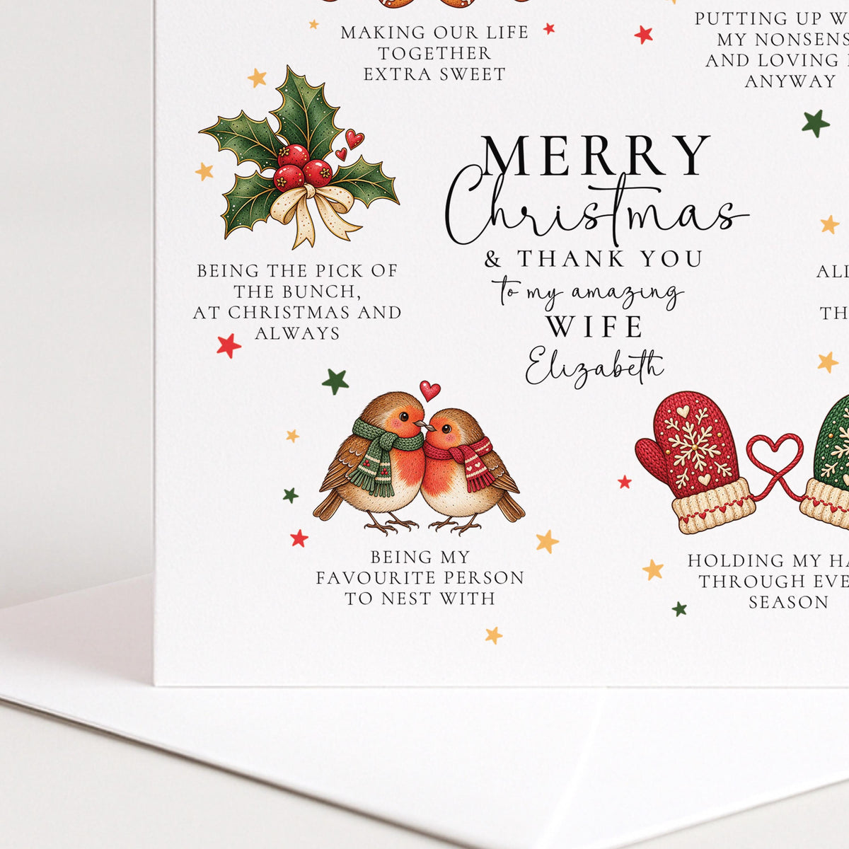Personalised Wife Christmas Card, Thank You Wife Romantic Card, Gingerbread Robins Mittens, Custom Name