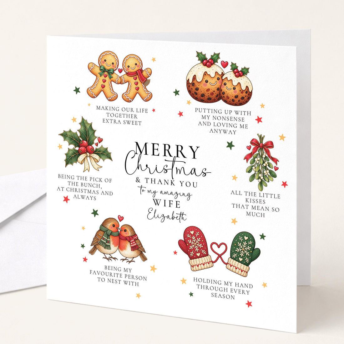 Personalised Wife Christmas Card, Thank You Wife Romantic Card, Gingerbread Robins Mittens, Custom Name