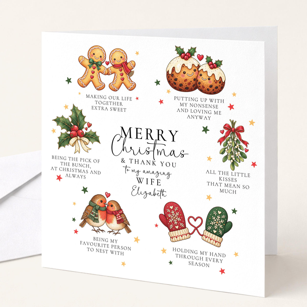 Personalised Wife Christmas Card, Thank You Wife Romantic Card, Gingerbread Robins Mittens, Custom Name