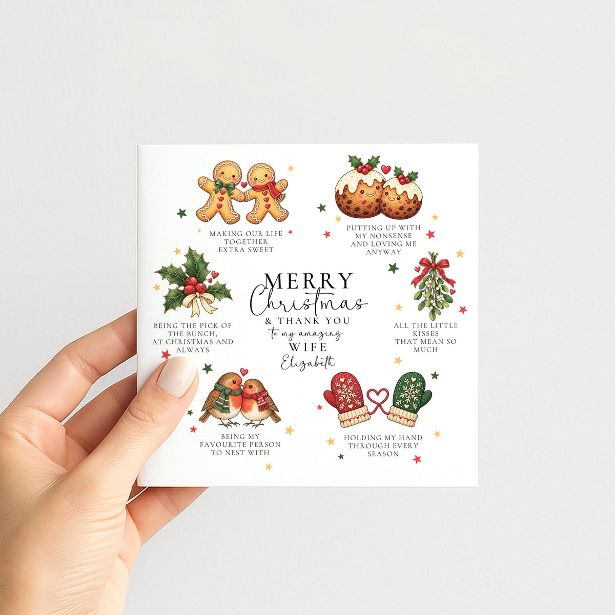 Personalised Wife Christmas Card, Thank You Wife Romantic Card, Gingerbread Robins Mittens, Custom Name
