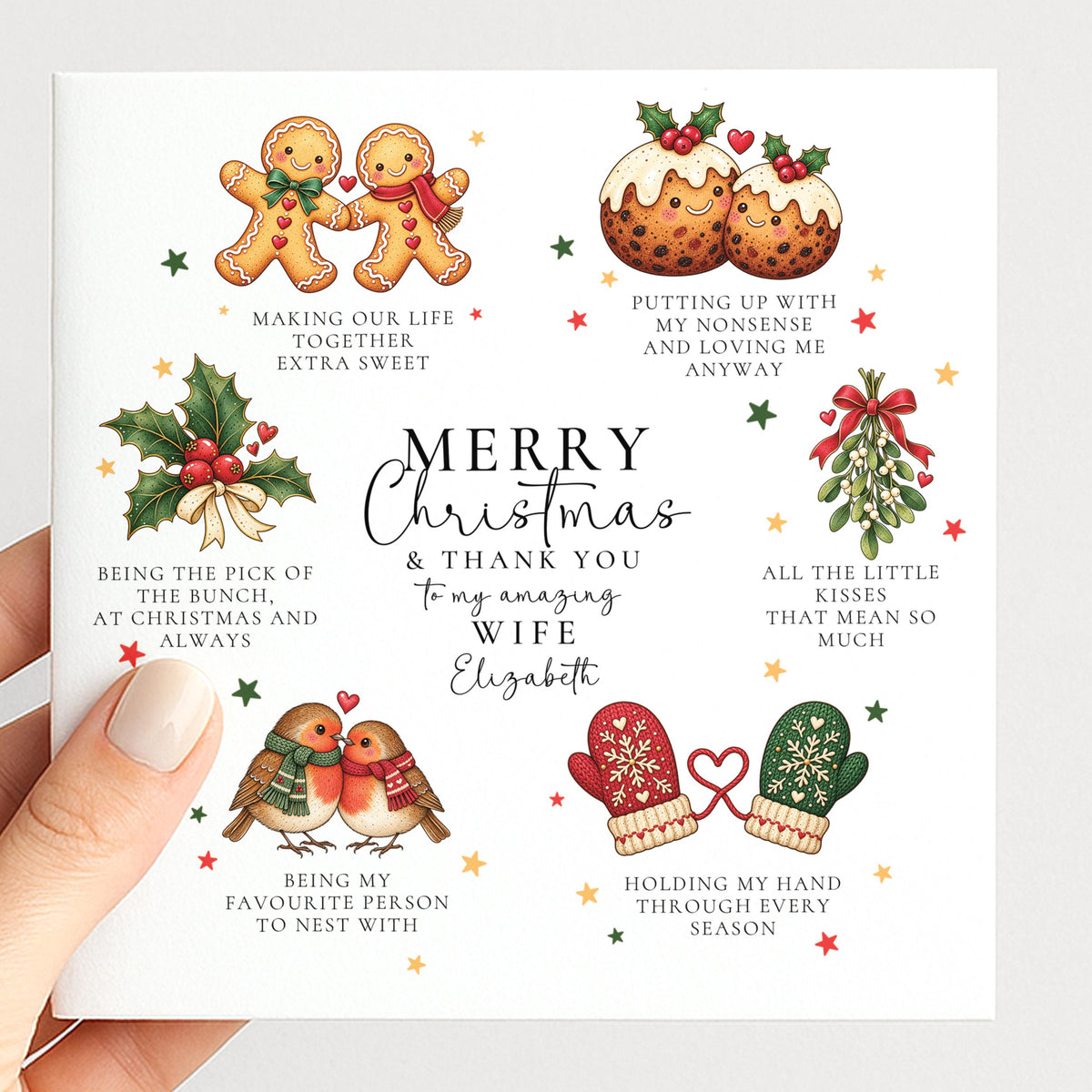 Personalised Wife Christmas Card, Thank You Wife Romantic Card, Gingerbread Robins Mittens, Custom Name