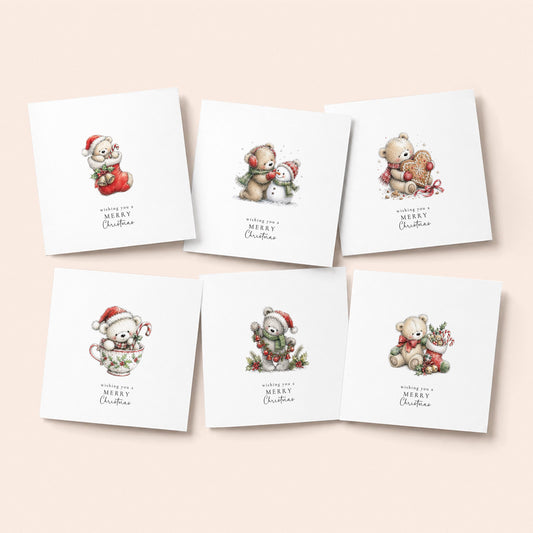 Teddy Bear Christmas Cards Pack of 6, Cute Bear Xmas Cards, Traditional Christmas Card Multipack, Set of 6 Cards, No Personalisation WhimsiLilley