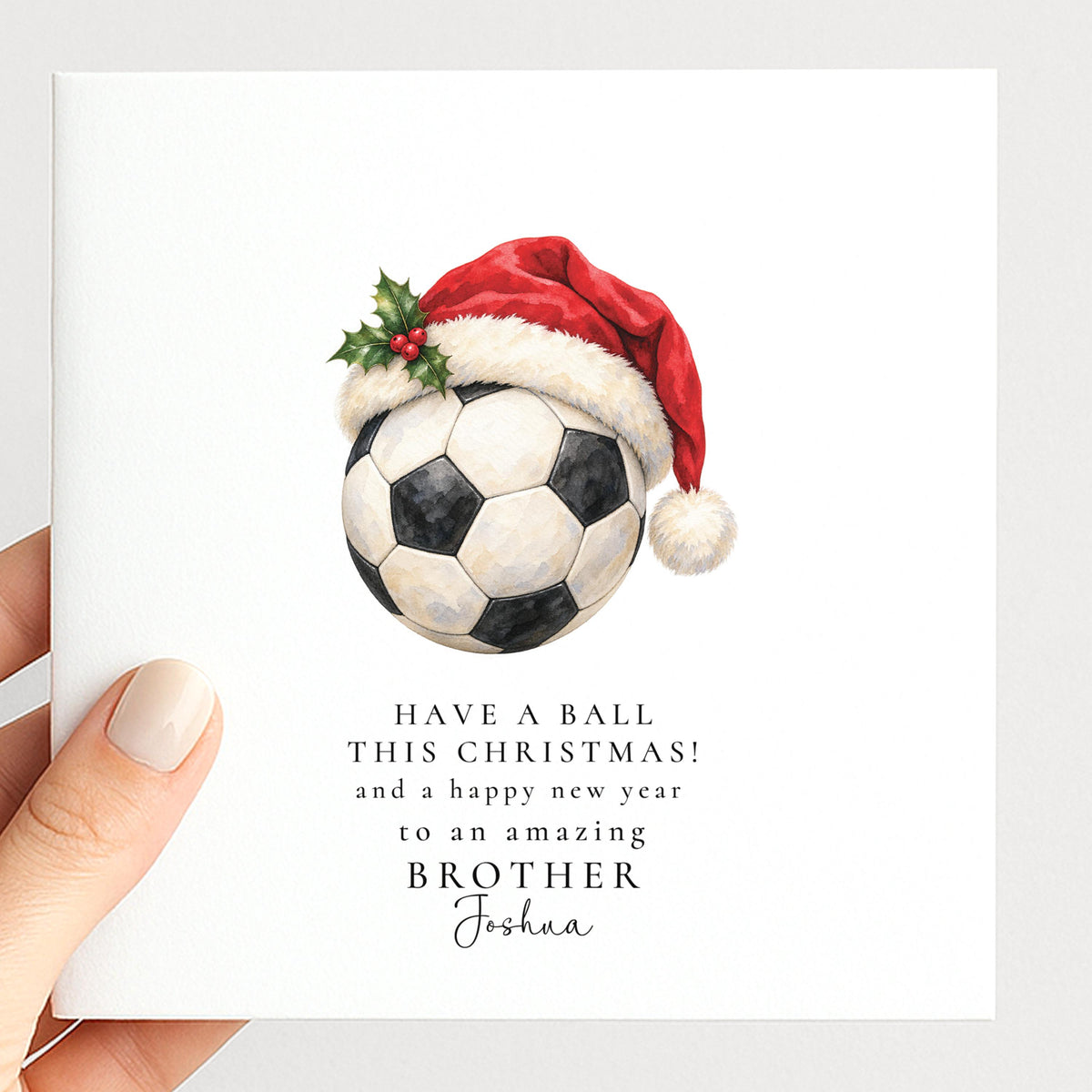Personalised Brother Christmas Card, Football Santa Hat, Have A Ball, Custom Name Card