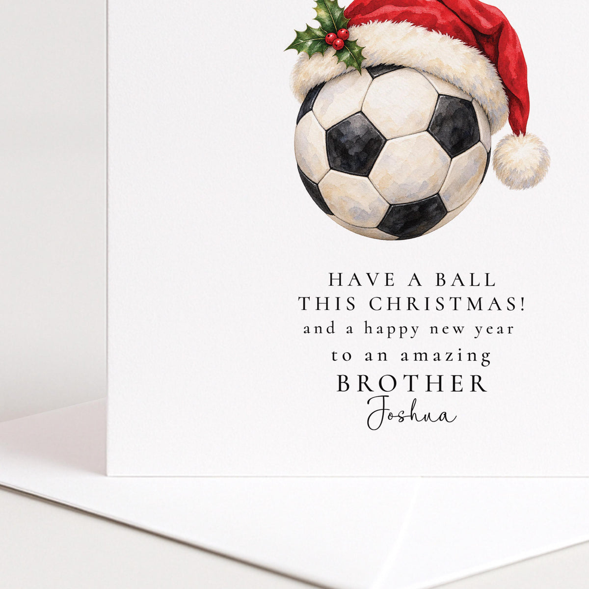 Personalised Brother Christmas Card, Football Santa Hat, Have A Ball, Custom Name Card