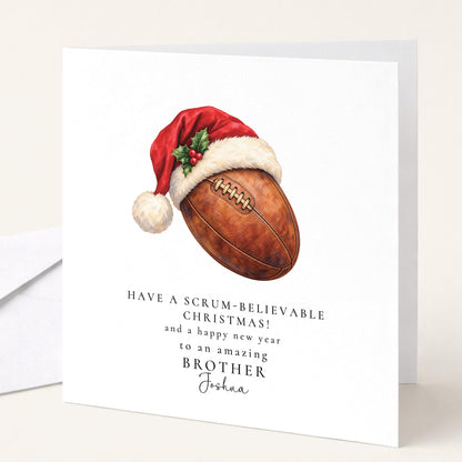 Personalised Brother Christmas Card, Rugby Santa Hat, Scrum-Believable Christmas, Custom Name Card
