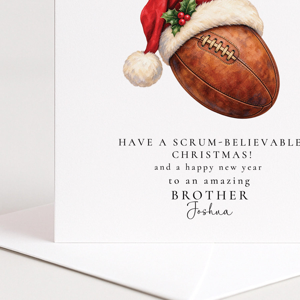 Personalised Brother Christmas Card, Rugby Santa Hat, Scrum-Believable Christmas, Custom Name Card