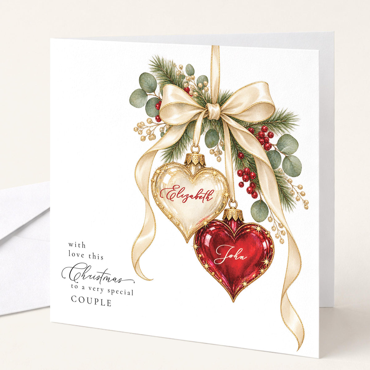Personalised Christmas Card for Special Couple , Christmas Heart Bauble Design , Custom Names Card WhimsiLilley