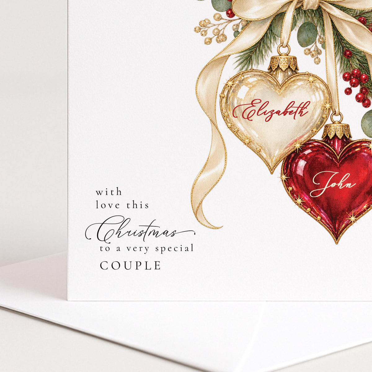Personalised Christmas Card for Special Couple , Christmas Heart Bauble Design , Custom Names Card WhimsiLilley