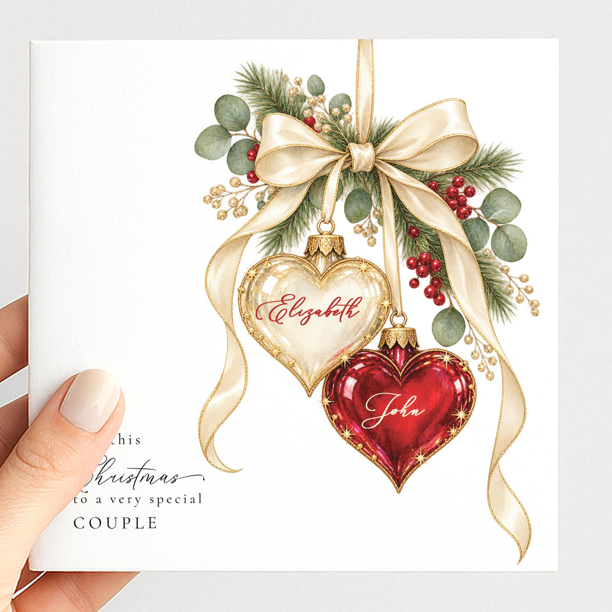 Personalised Christmas Card for Special Couple , Christmas Heart Bauble Design , Custom Names Card WhimsiLilley