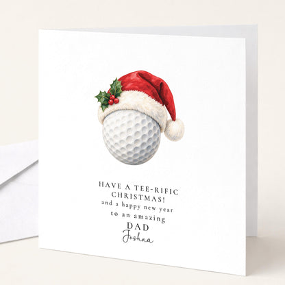 Personalised Dad Christmas Card, Golf Santa Hat, Tee-Rific Christmas, Custom Name Card WhimsiLilley