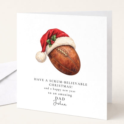 Personalised Dad Christmas Card, Rugby Santa Hat, Scrum-Believable Christmas, Custom Name Card WhimsiLilley