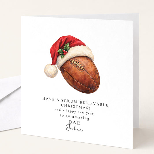 Personalised Dad Christmas Card, Rugby Santa Hat, Scrum-Believable Christmas, Custom Name Card WhimsiLilley