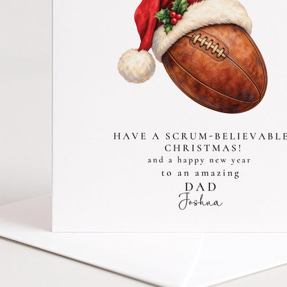 Personalised Dad Christmas Card, Rugby Santa Hat, Scrum-Believable Christmas, Custom Name Card WhimsiLilley