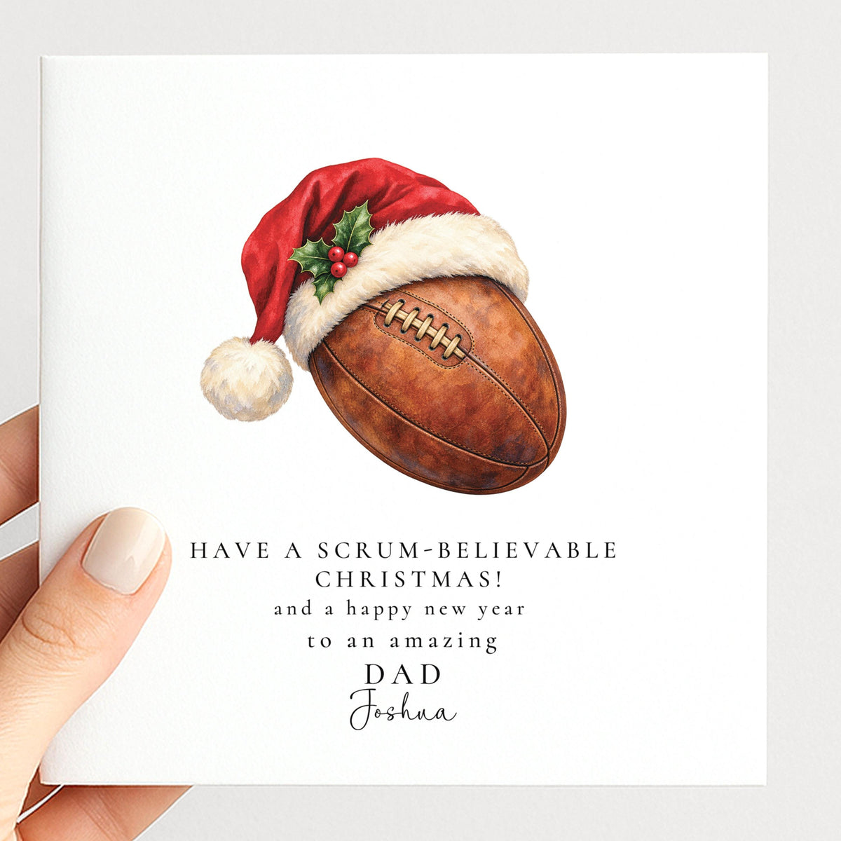 Personalised Dad Christmas Card, Rugby Santa Hat, Scrum-Believable Christmas, Custom Name Card WhimsiLilley