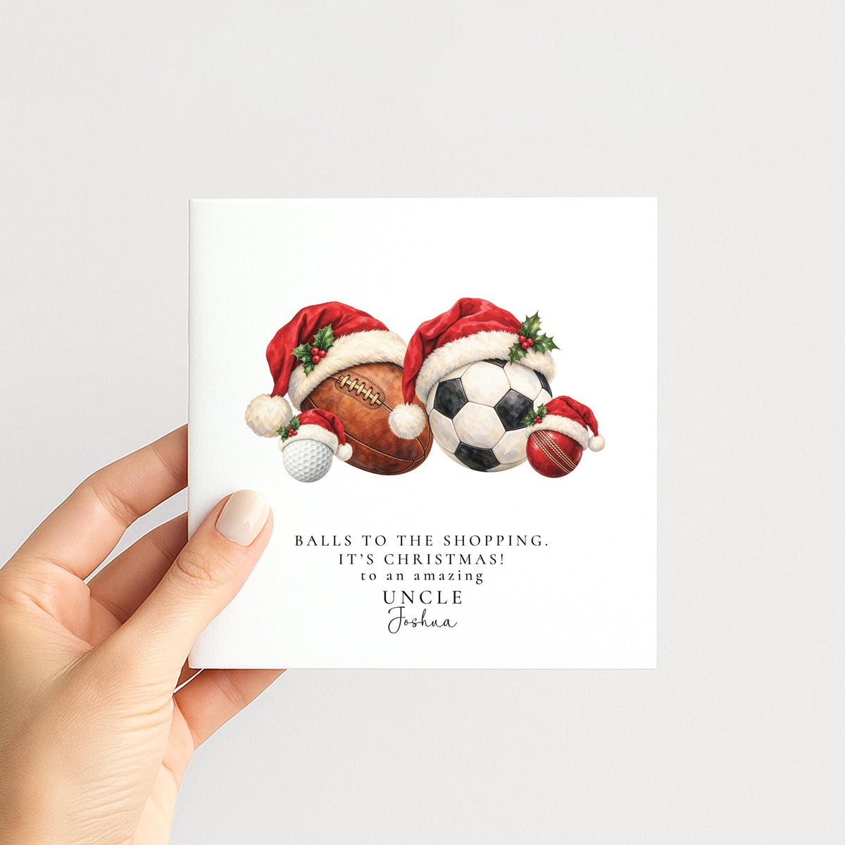 Personalised Uncle Christmas Card, Sports Balls In Santa Hats, Balls To The Shopping, Custom Name WhimsiLilley
