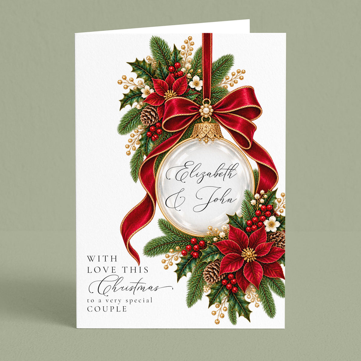 Personalised Couple Christmas Card, Red Bauble With Names, Large A5 Luxury Christmas Card, Handfinished With Pearls WhimsiLilley
