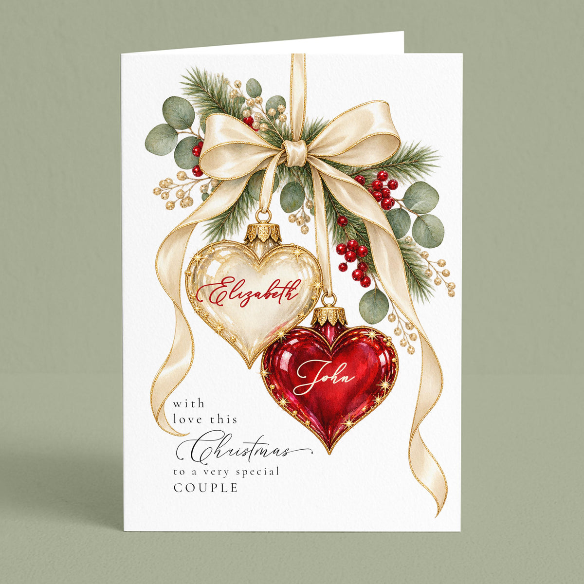 Personalised Couple Christmas Card, Heart Baubles With Names, Large A5 Luxury Christmas Card, Handfinished With Pearls WhimsiLilley