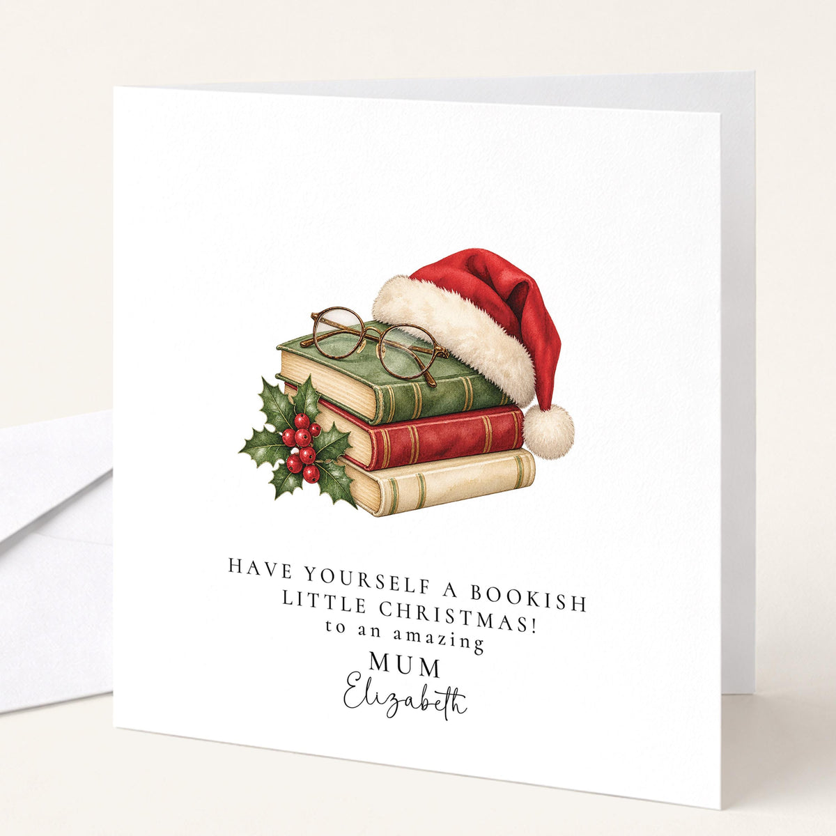Personalised Mum Christmas Card, Bookish Santa Hat, Bookish Little Christmas, Custom Name Card WhimsiLilley
