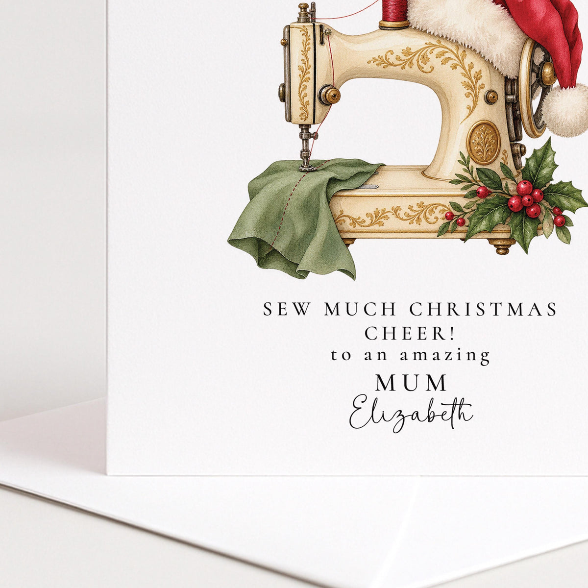 Personalised Mum Christmas Card, Sewing Machine Santa Hat, Sew Much Christmas Cheer, Custom Name Card WhimsiLilley