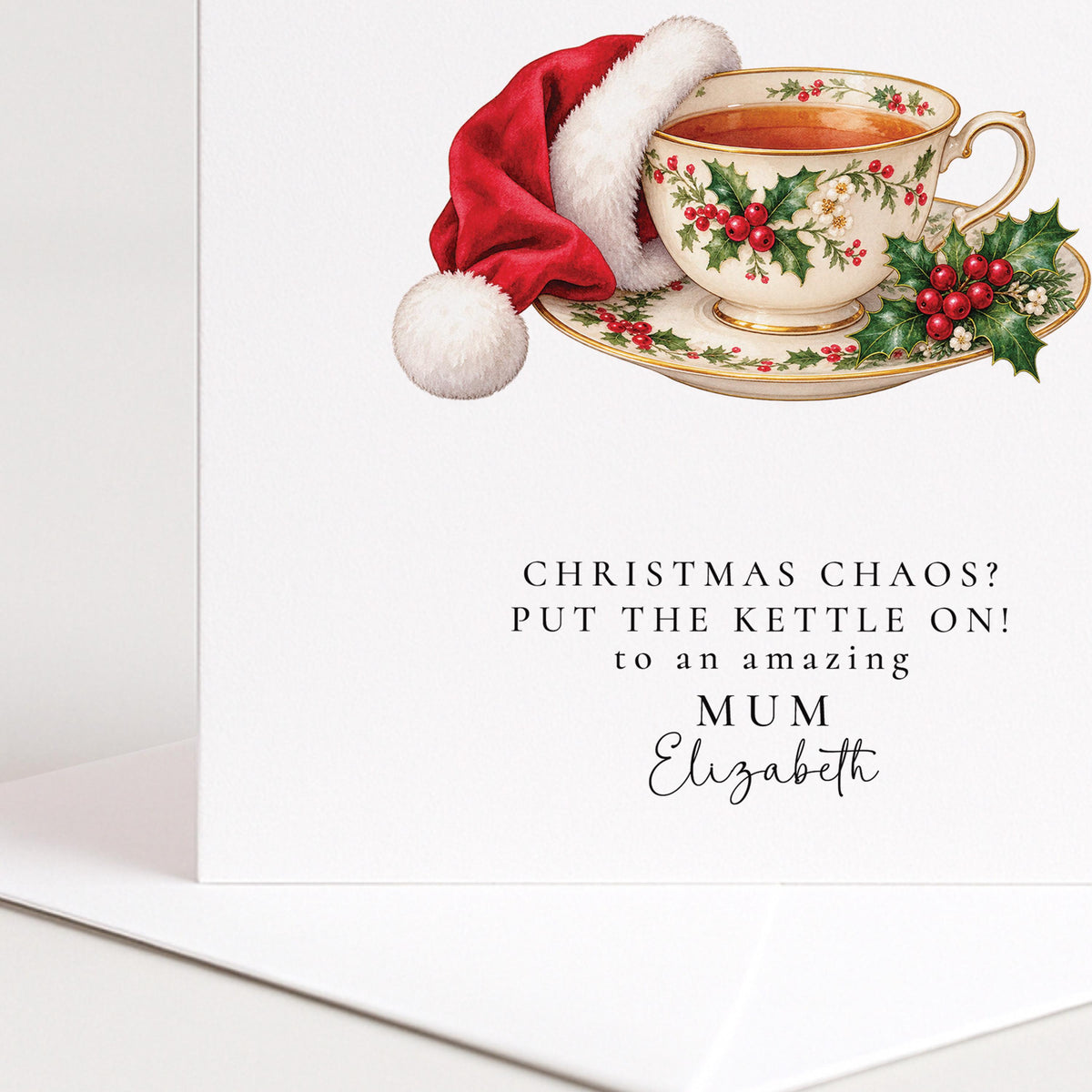 Personalised Mum Christmas Card, Teacup Santa Hat, Put The Kettle On, Custom Name Card WhimsiLilley