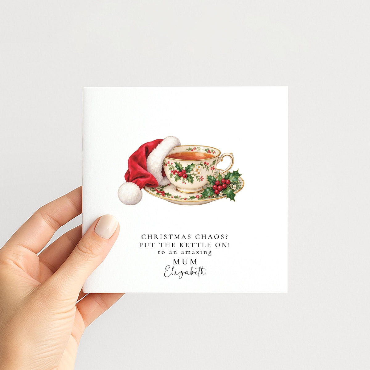 Personalised Mum Christmas Card, Teacup Santa Hat, Put The Kettle On, Custom Name Card WhimsiLilley