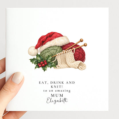 Personalised Mum Christmas Card, Knitting Santa Hat, Eat Drink And Knit, Custom Name Card WhimsiLilley