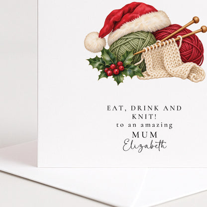 Personalised Mum Christmas Card, Knitting Santa Hat, Eat Drink And Knit, Custom Name Card WhimsiLilley