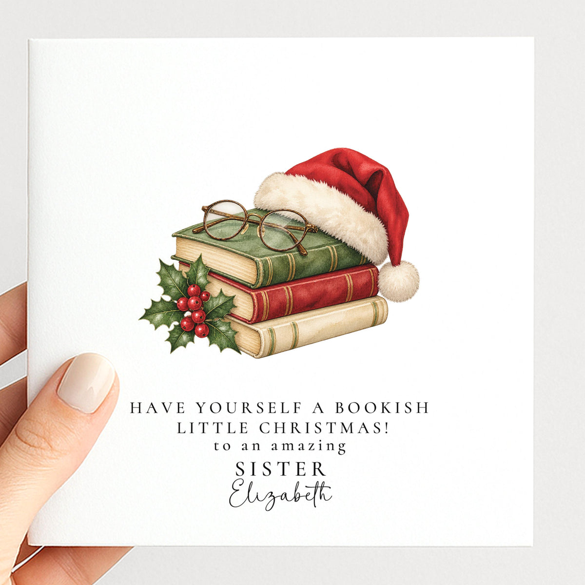 Personalised Sister Christmas Card, Bookish Santa Hat, Bookish Little Christmas, Custom Name Card WhimsiLilley