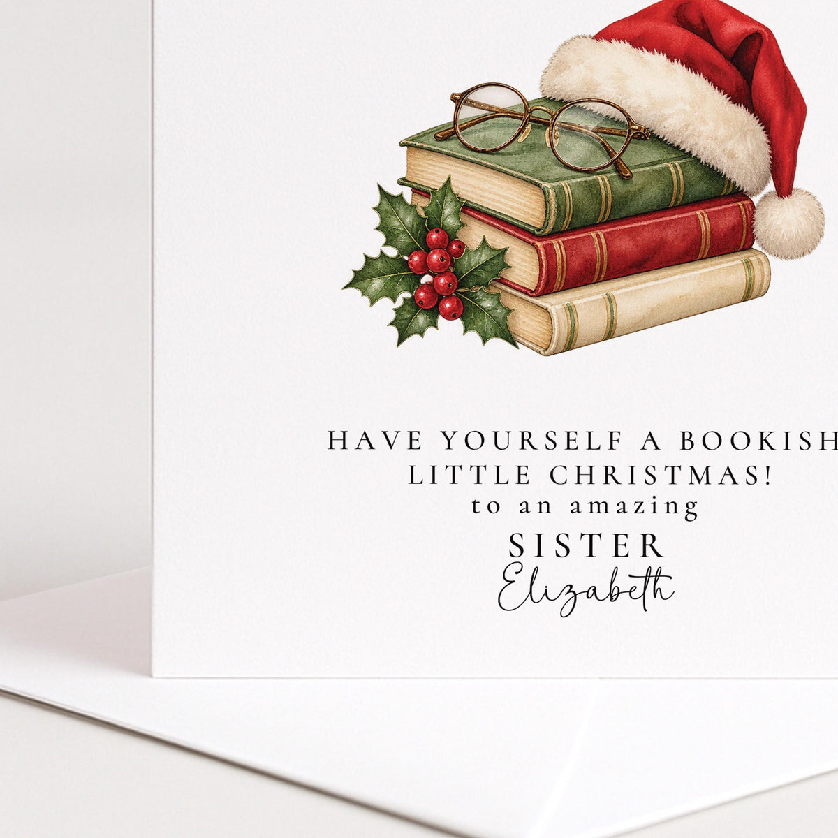 Personalised Sister Christmas Card, Bookish Santa Hat, Bookish Little Christmas, Custom Name Card WhimsiLilley