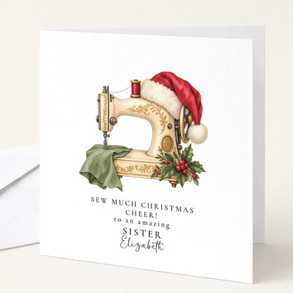 Personalised Sister Christmas Card, Sewing Machine Santa Hat, Sew Much Christmas Cheer, Custom Name Card WhimsiLilley