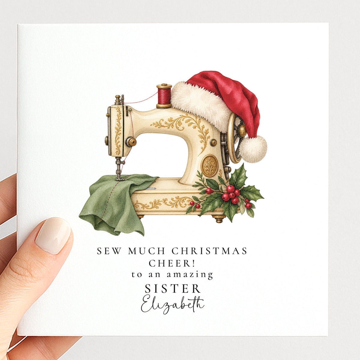 Personalised Sister Christmas Card, Sewing Machine Santa Hat, Sew Much Christmas Cheer, Custom Name Card WhimsiLilley