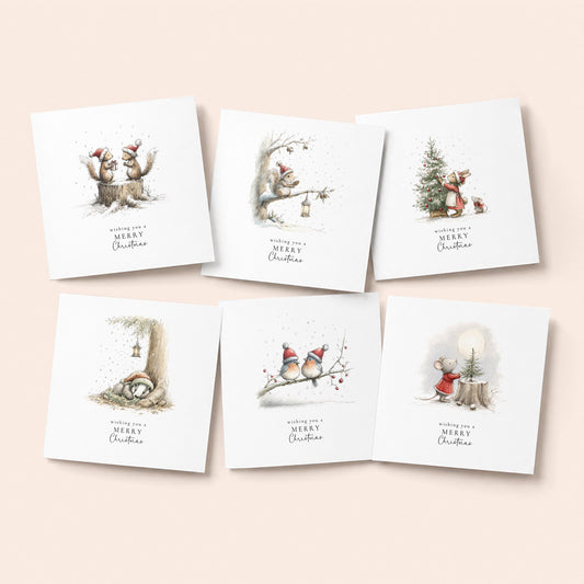 Christmas Card Pack of 6, Woodland Animal Scenes, Assorted Christmas Cards, No Personalisation WhimsiLilley