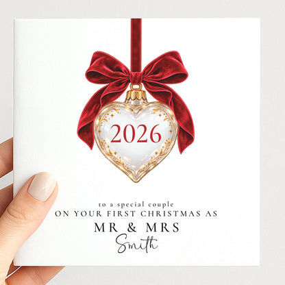 Personalised First Christmas As Mr & Mrs Card 2026, Heart Bauble, Newlywed Couple Christmas Card WhimsiLilley