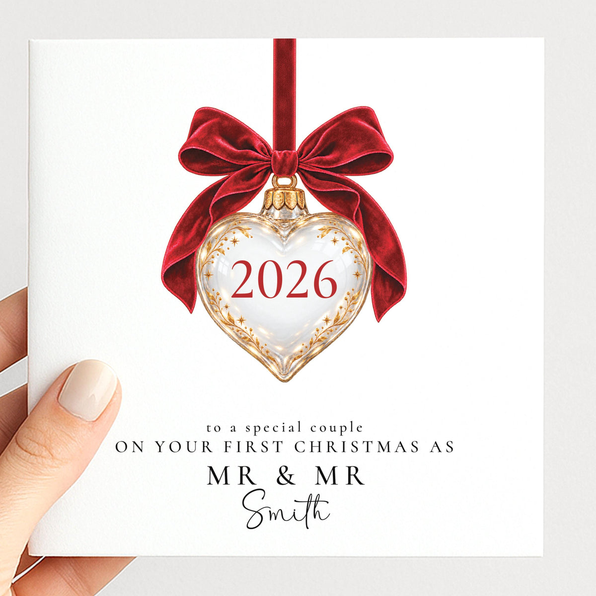 Personalised First Christmas As Mr & Mr Card 2026, Heart Bauble, Newlywed Gay Couple Christmas Card WhimsiLilley